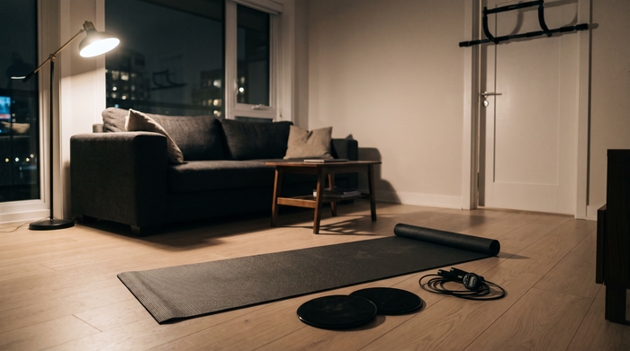 A small apartment living room at dusk with the coffee table pushed aside, a training mat unrolled on the floor, core sliders and a coiled jump rope beside it, and a doorway pull-up bar fitted to the door frame.