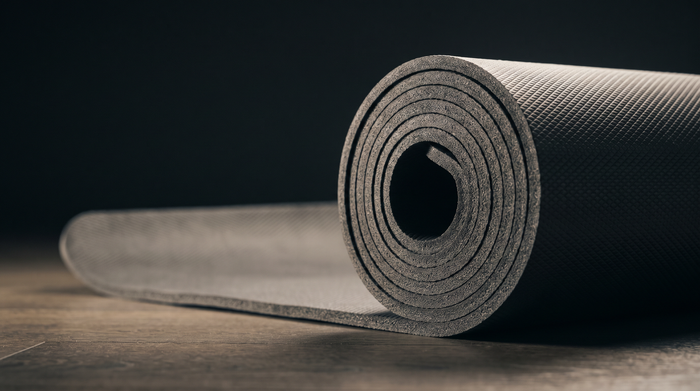 Close-up of a training mat rolled and stood on its end on a wooden floor, showing the layered thickness of its cut edge and the fine non-slip texture of its surface.