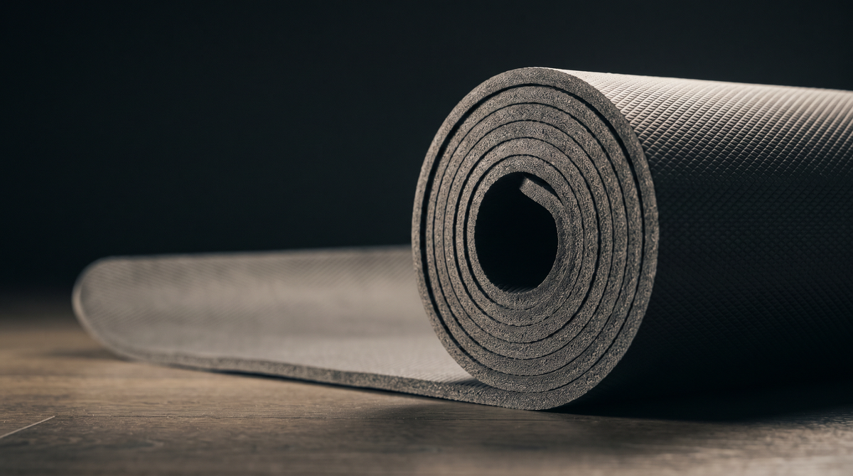 Close-up of a training mat rolled and stood on its end on a wooden floor, showing the layered thickness of its cut edge and the fine non-slip texture of its surface.